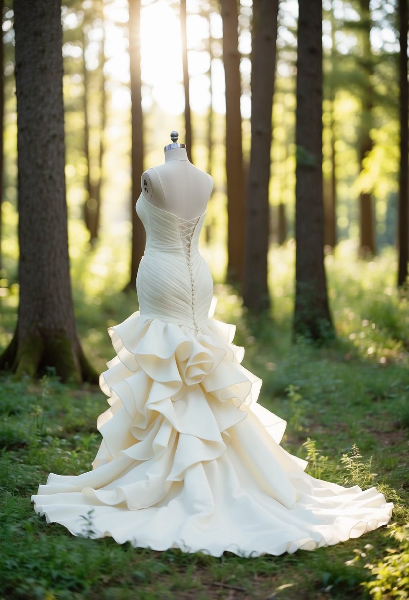 An ivory wedding dress with cascading ruffles, set in a magical forest clearing with soft sunlight filtering through the trees