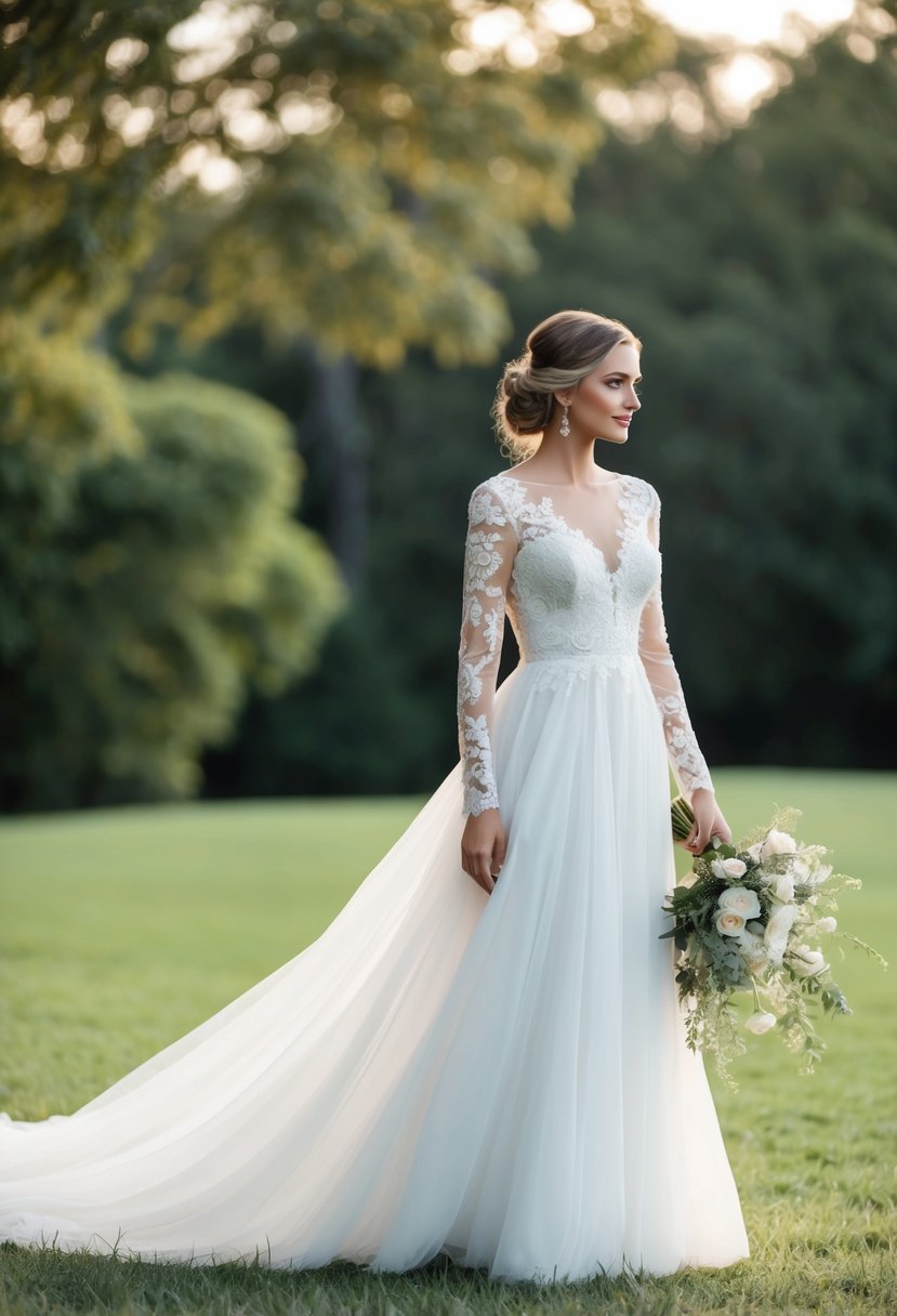 A flowing, ethereal wedding dress with delicate lace sleeves adorned with intricate floral patterns