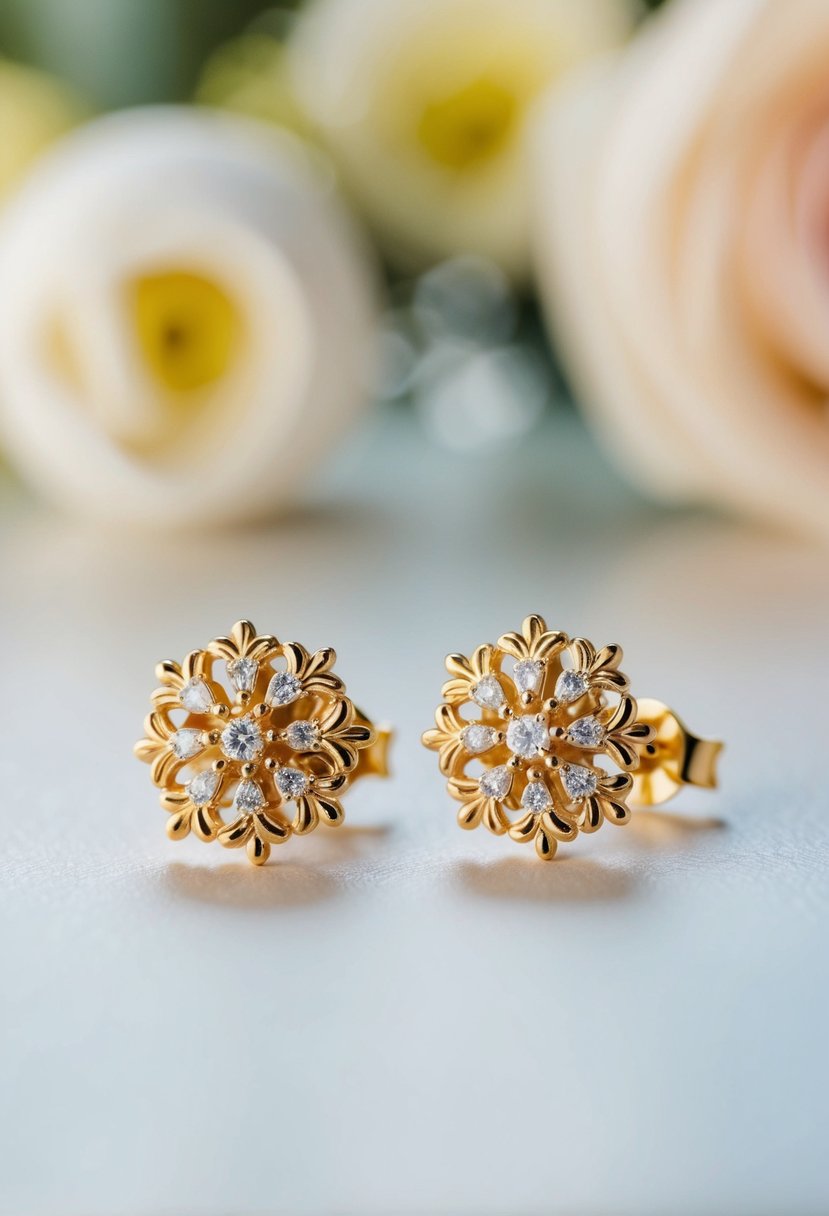 A delicate pair of gold earrings with intricate floral designs, glistening in the soft light of a romantic wedding setting