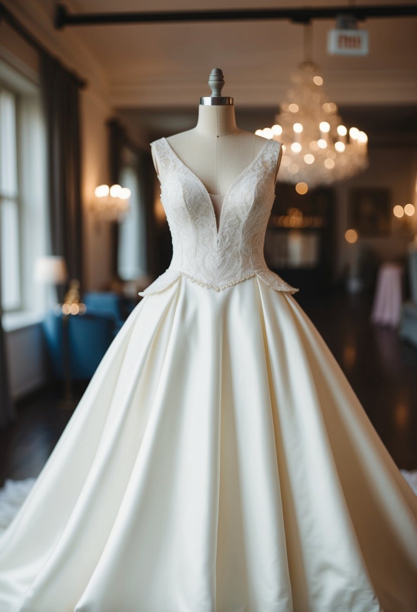 An ivory wedding dress with peplum details, adding a unique flair to the design