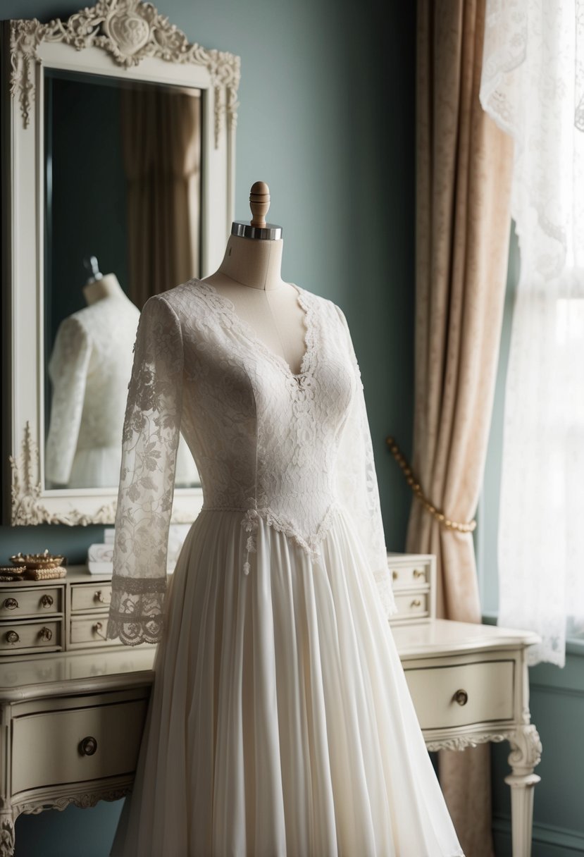 A Victorian-inspired lace sleeves wedding dress draped over a vintage dressing table with delicate lace details