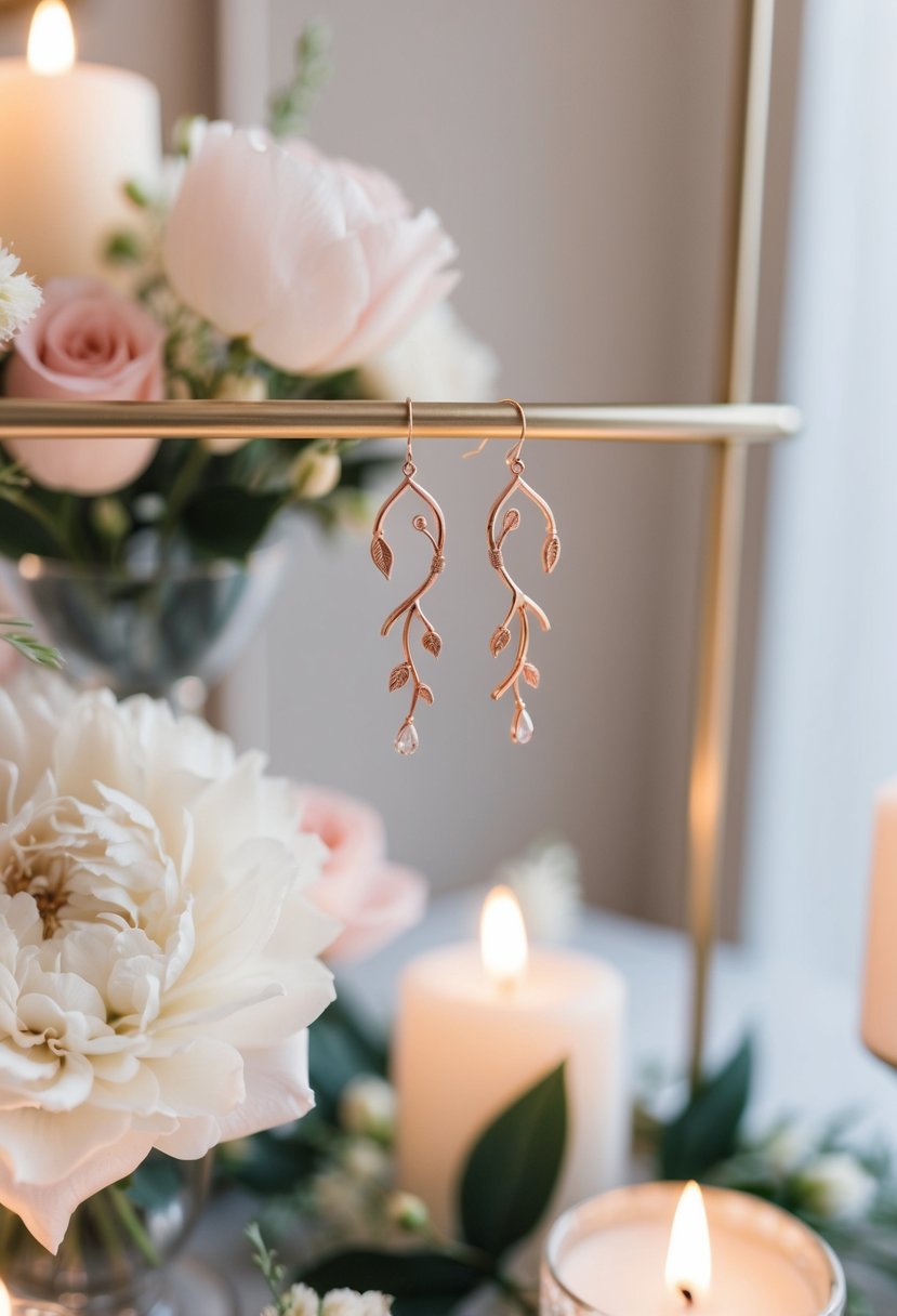 A soft, romantic scene with delicate rose gold vine drop earrings hanging from a display, surrounded by floral arrangements and soft candlelight