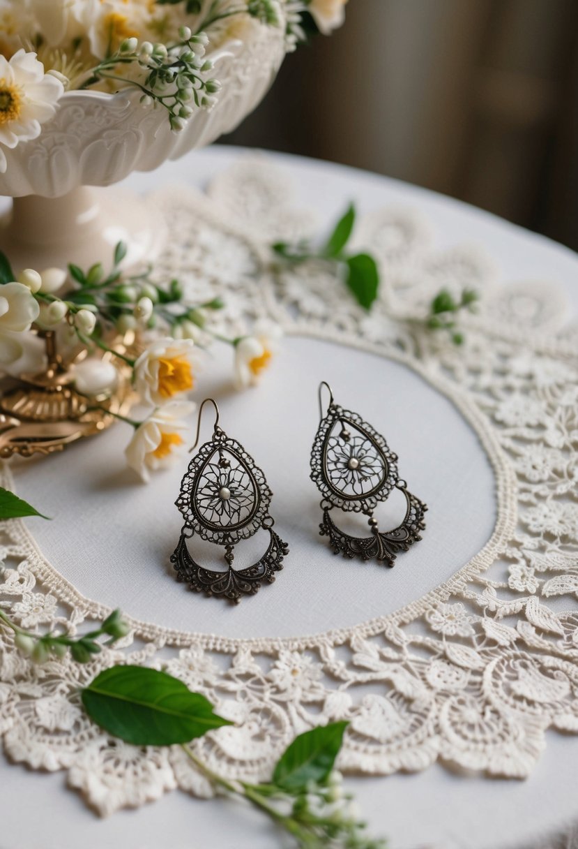 A table adorned with vintage lace, delicate floral patterns, and intricate filigree earrings