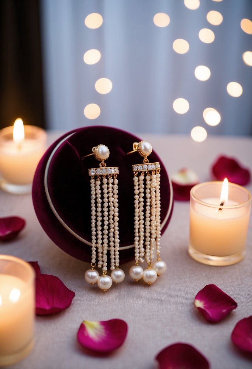 A pair of pearl chain polki earrings hanging delicately on a velvet cushion, surrounded by soft candlelight and scattered rose petals