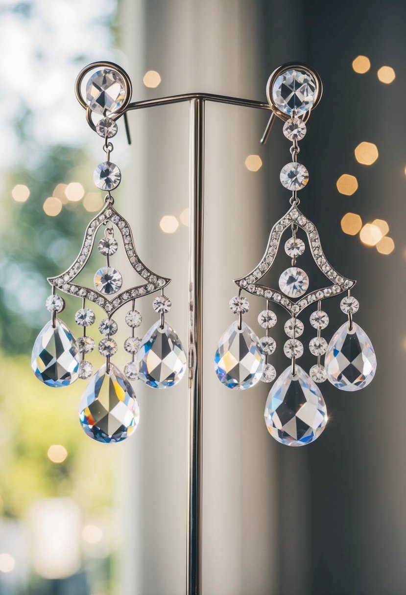 A pair of crystal chandelier earrings hanging from a delicate stand, catching the light and casting sparkles around the room