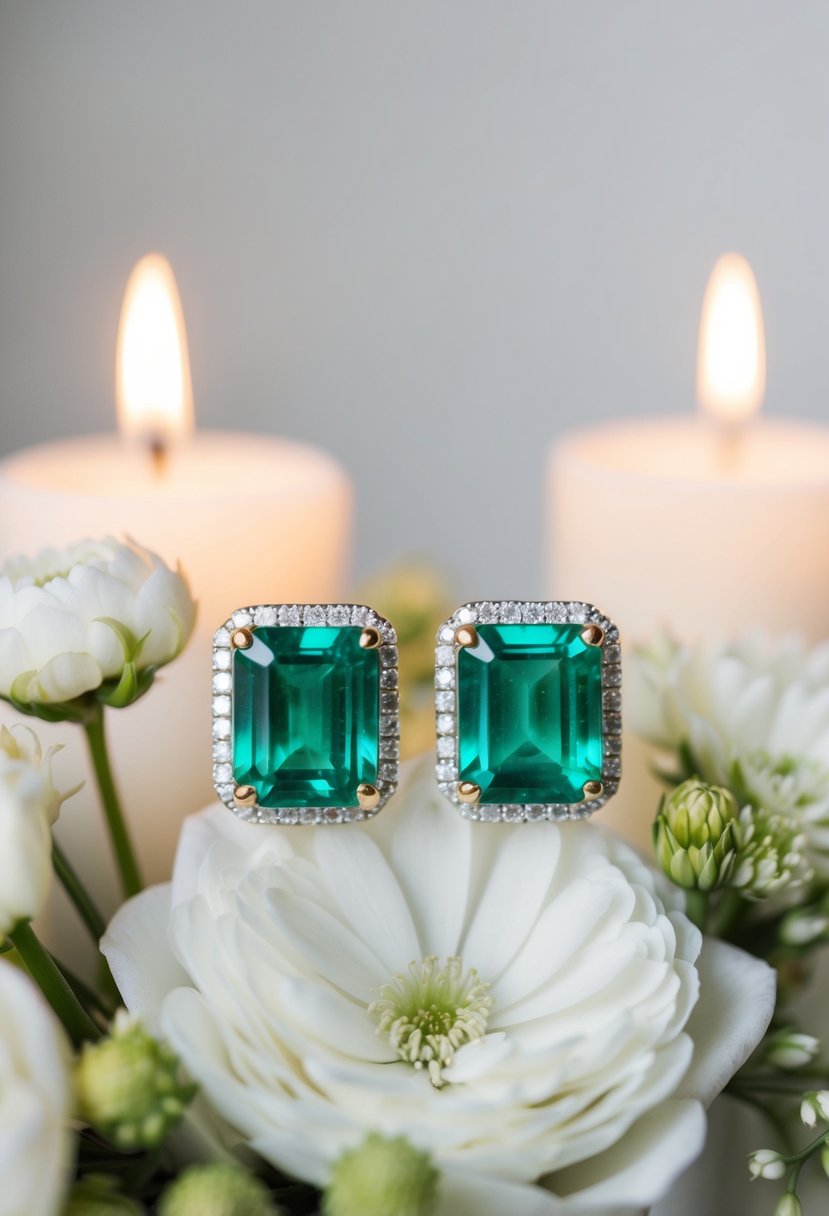 Two emerald-cut green earrings surrounded by delicate white flowers and soft candlelight in a romantic wedding setting