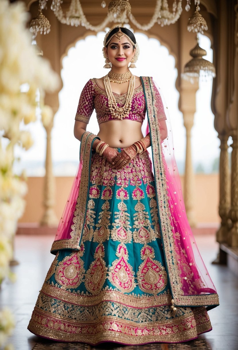 A vibrant and ornate bridal lehenga with intricate embroidery and traditional motifs, accompanied by matching jewelry and accessories