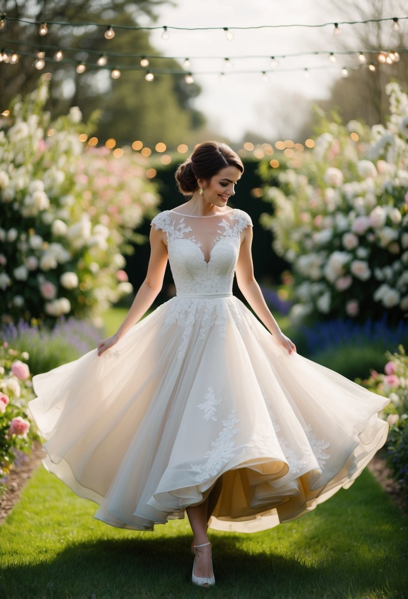 A short bride twirls in a flowing, tea-length gown with delicate lace detailing, surrounded by a garden of blooming flowers and twinkling lights