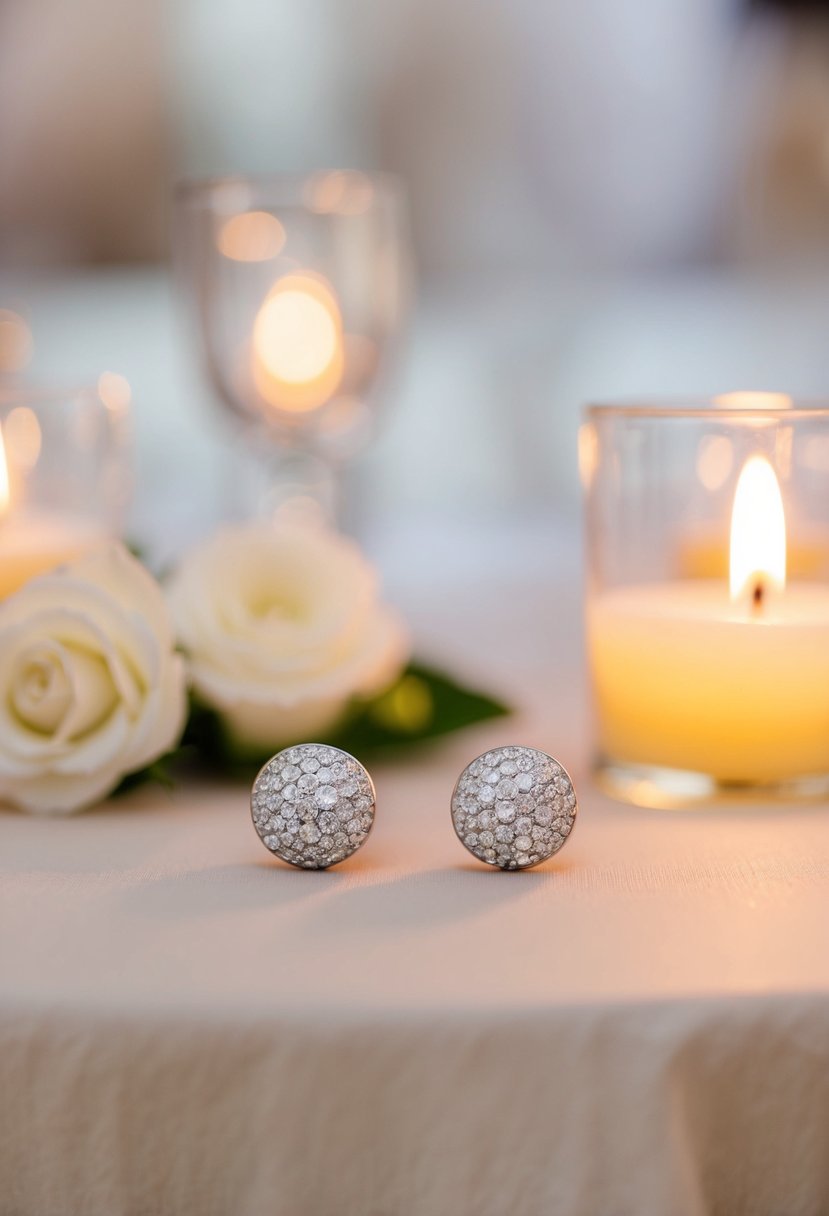 A delicate pair of pavé-set studs glimmering under soft candlelight at a romantic wedding reception