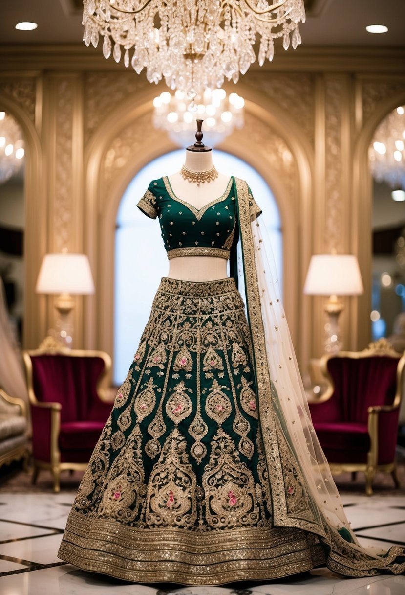 A grand, ornate bridal lehenga displayed on a mannequin in a luxurious, opulent setting