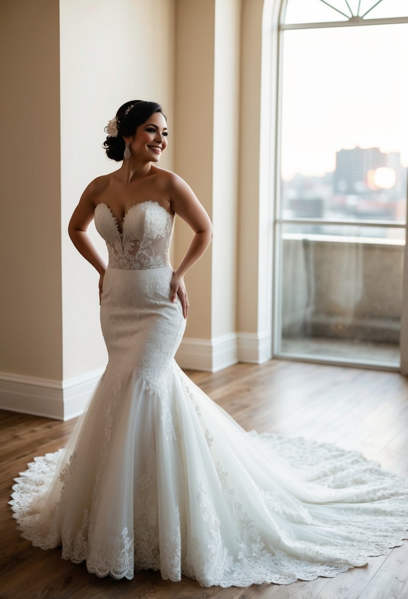 A short bride in a mermaid-style wedding dress, accentuating her curves, with a flowing train and delicate lace details