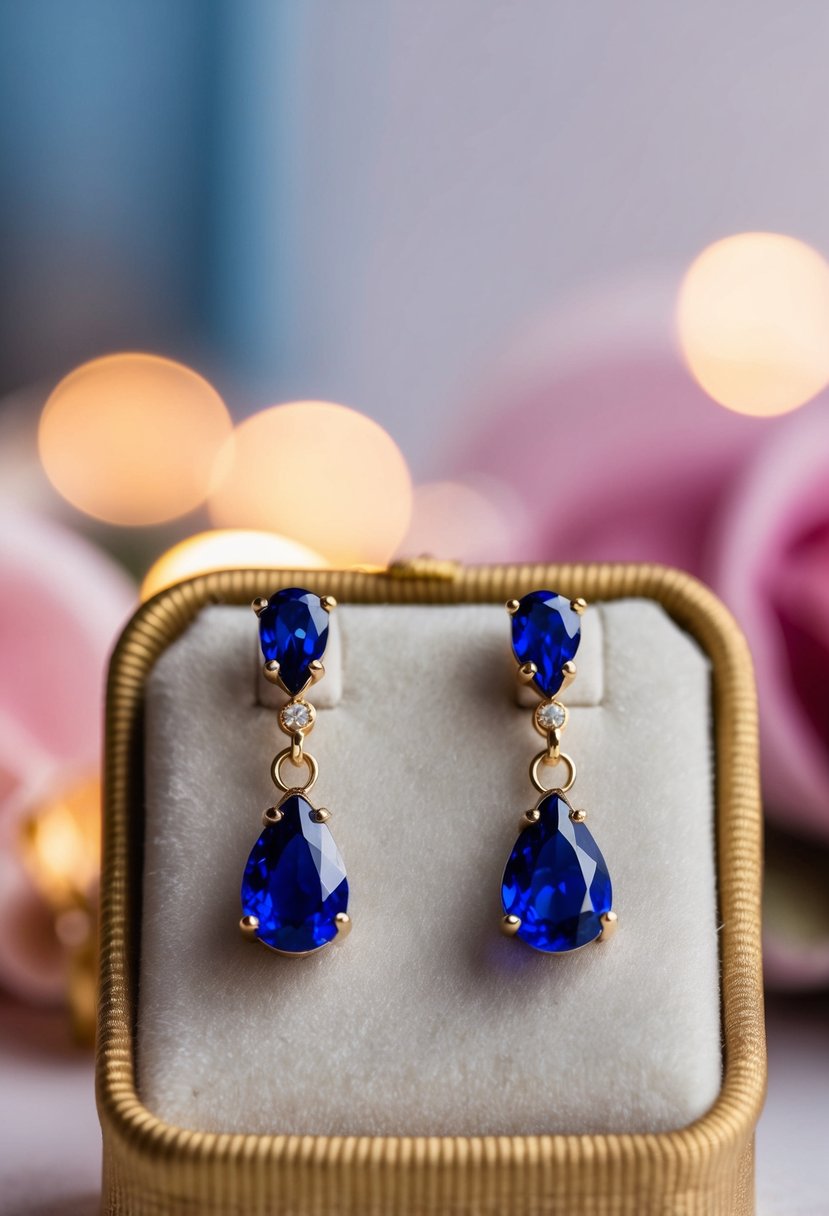 Two tear drop sapphire earrings displayed on a velvet cushion with soft, romantic lighting