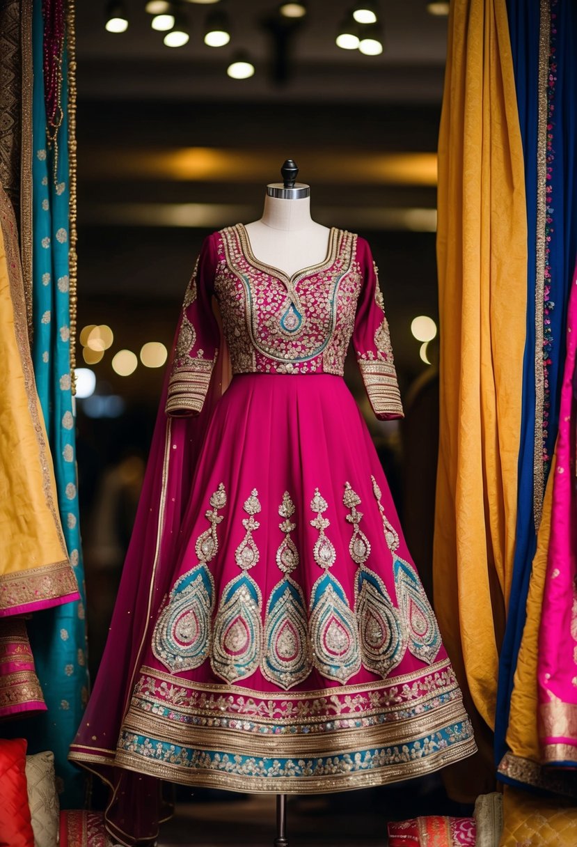 An ornate Anarkali suit displayed on a mannequin, surrounded by vibrant fabrics and traditional embellishments