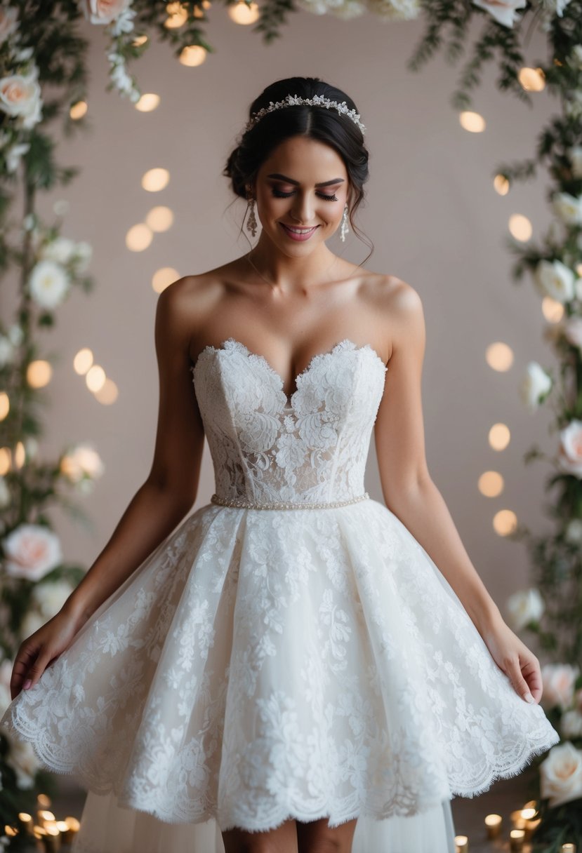 A short bride in a lace sweetheart neckline wedding dress, surrounded by delicate floral decorations and soft lighting