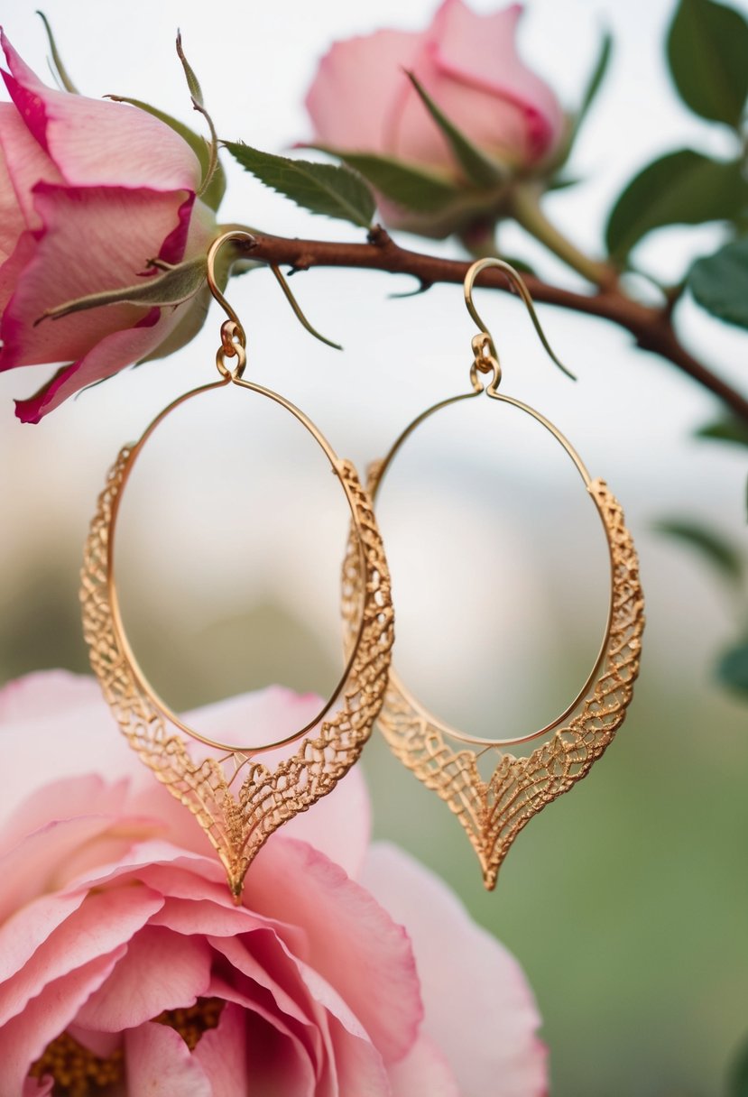 Two delicate gold filigree hoops suspended from a blooming rose branch