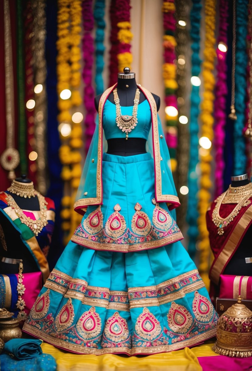 A vibrant and ornate Sharara set displayed on a mannequin, surrounded by colorful fabrics and traditional Indian wedding accessories