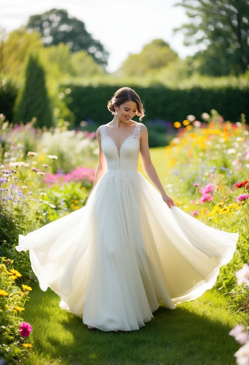 A short bride twirls in a flowy A-line wedding dress, surrounded by blooming wildflowers in a sun-drenched garden