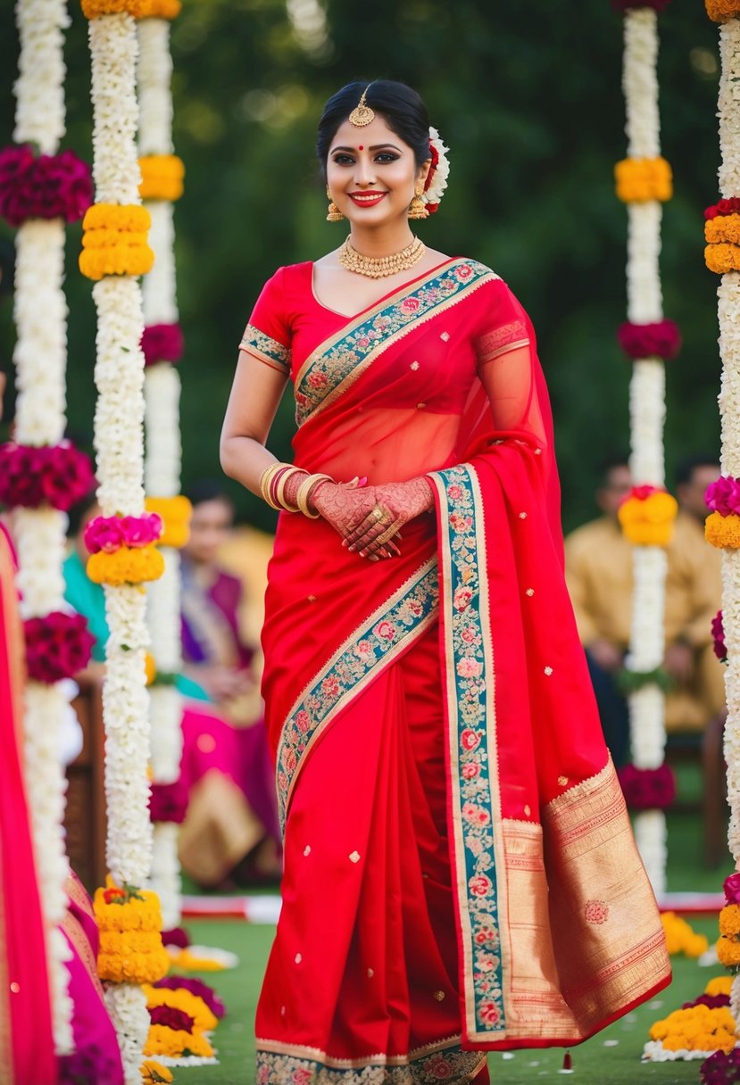 A woman in a classic red saree stands amidst vibrant floral decorations at a traditional desi wedding