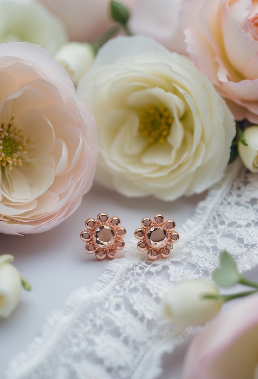 A close-up of delicate rose gold studs surrounded by soft, pastel-colored flowers and elegant lace fabric, evoking a romantic wedding atmosphere