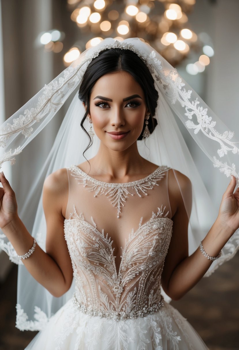 A short bride in an illusion neckline wedding dress, surrounded by delicate lace and intricate beading, exuding elegance and sophistication