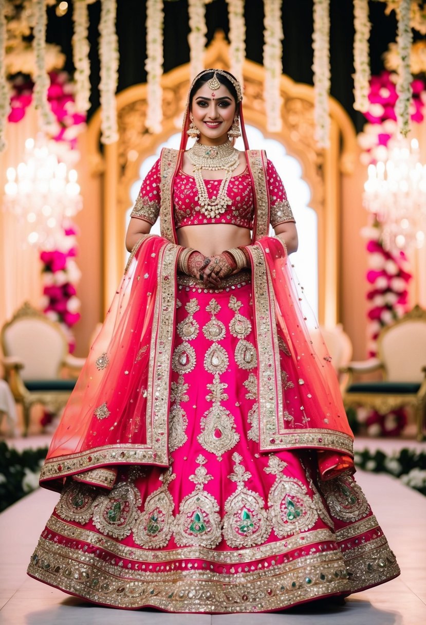 A vibrant and ornate Lehenga Choli adorned with intricate embroidery and sparkling embellishments, set against a backdrop of opulent Indian wedding decor