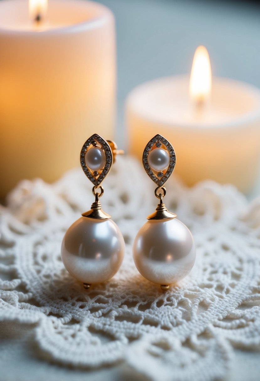 A pair of freshwater pearl drop earrings resting on a bed of delicate lace and surrounded by soft candlelight