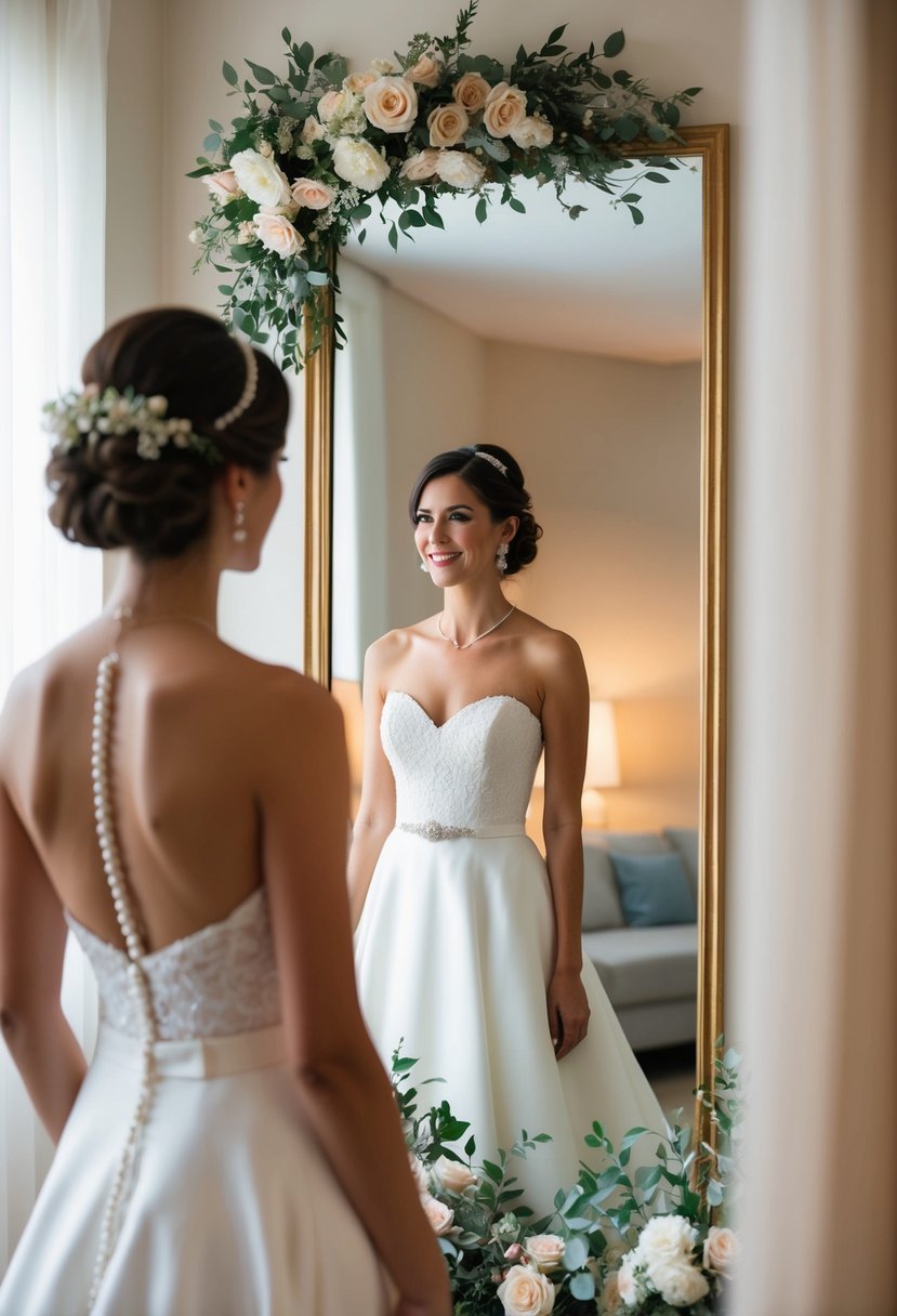 A short bride admires herself in a mirror wearing a bateau neckline charm wedding dress, surrounded by floral arrangements and soft lighting