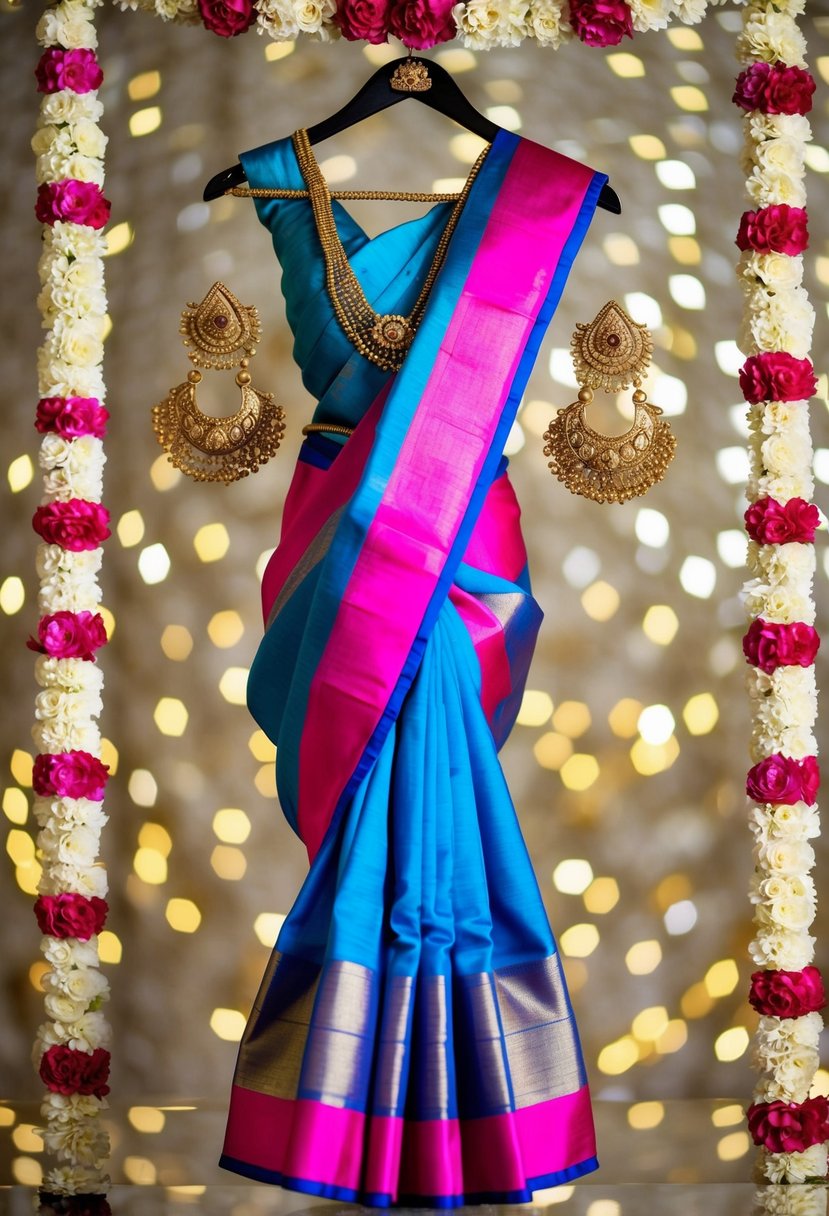 A vibrant Banarasi Saree draped over a decorative hanger, surrounded by intricate gold jewelry and floral accessories