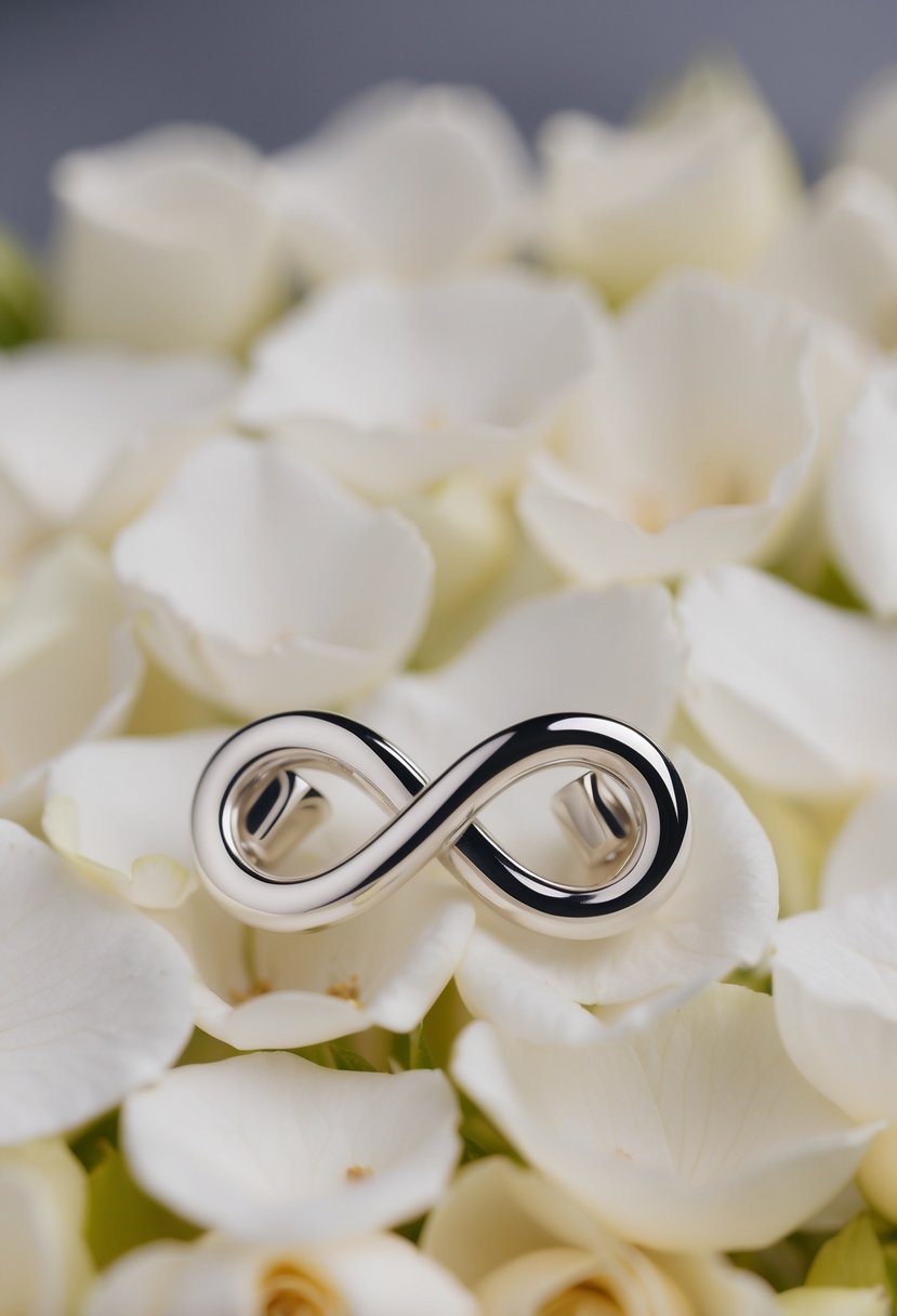 Two silver infinity twist earrings resting on a bed of delicate white rose petals