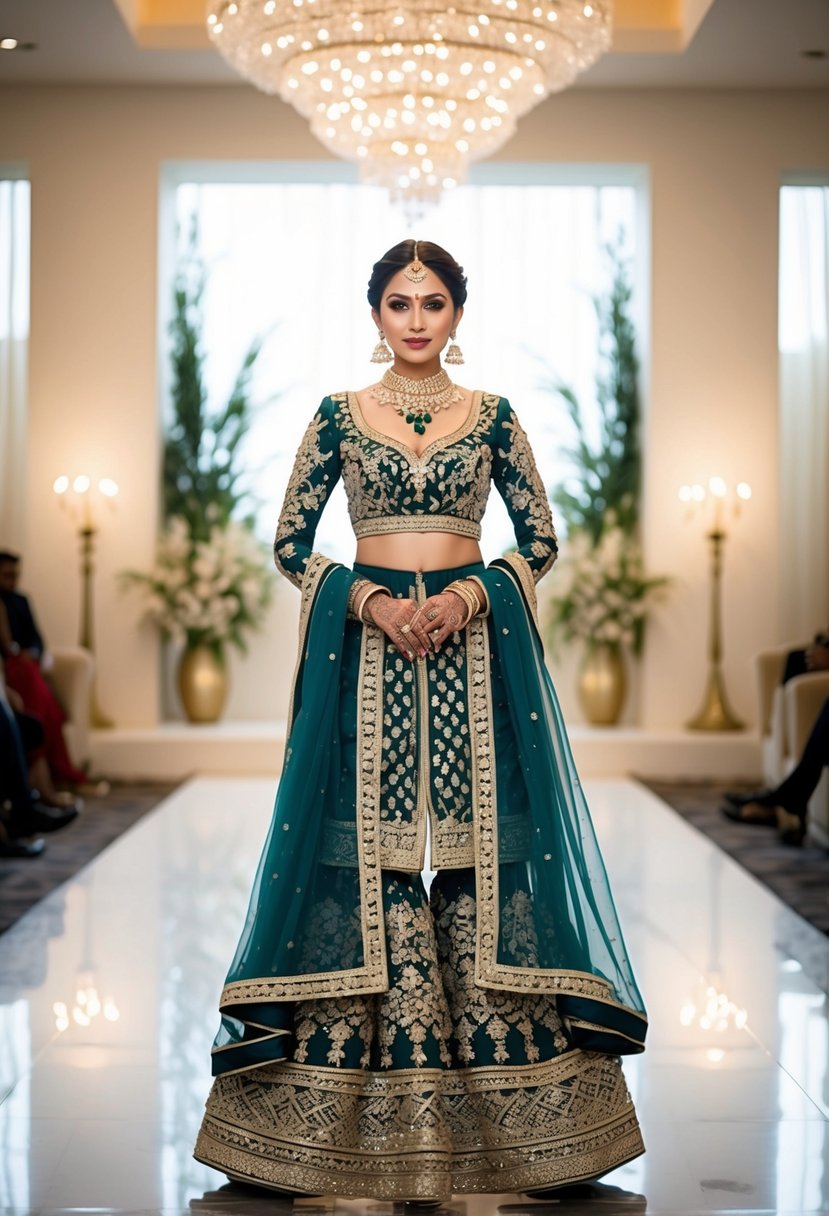 A bride in a contemporary gharara, adorned with intricate embroidery and modern details, standing in a luxurious wedding setting