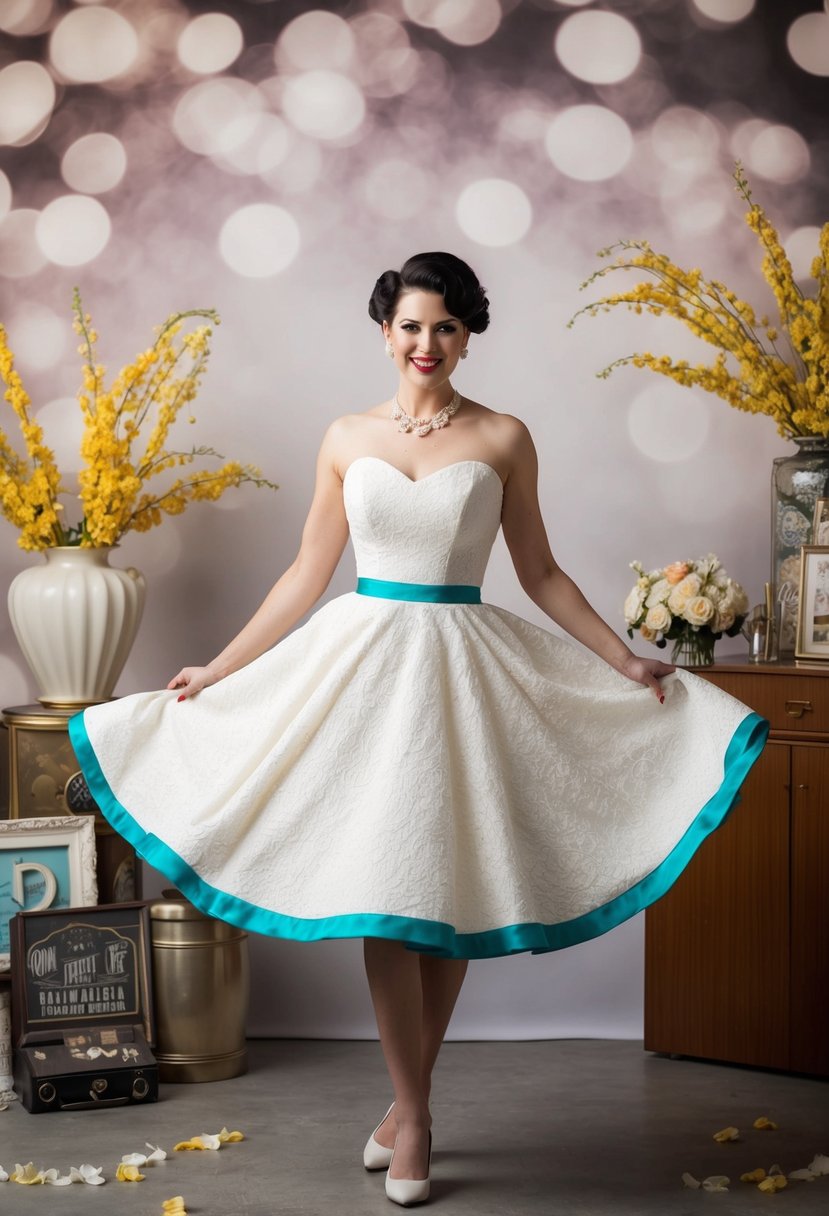 A short bride twirls in a retro cocktail swing dress, surrounded by vintage wedding decor and a 1950s-inspired backdrop