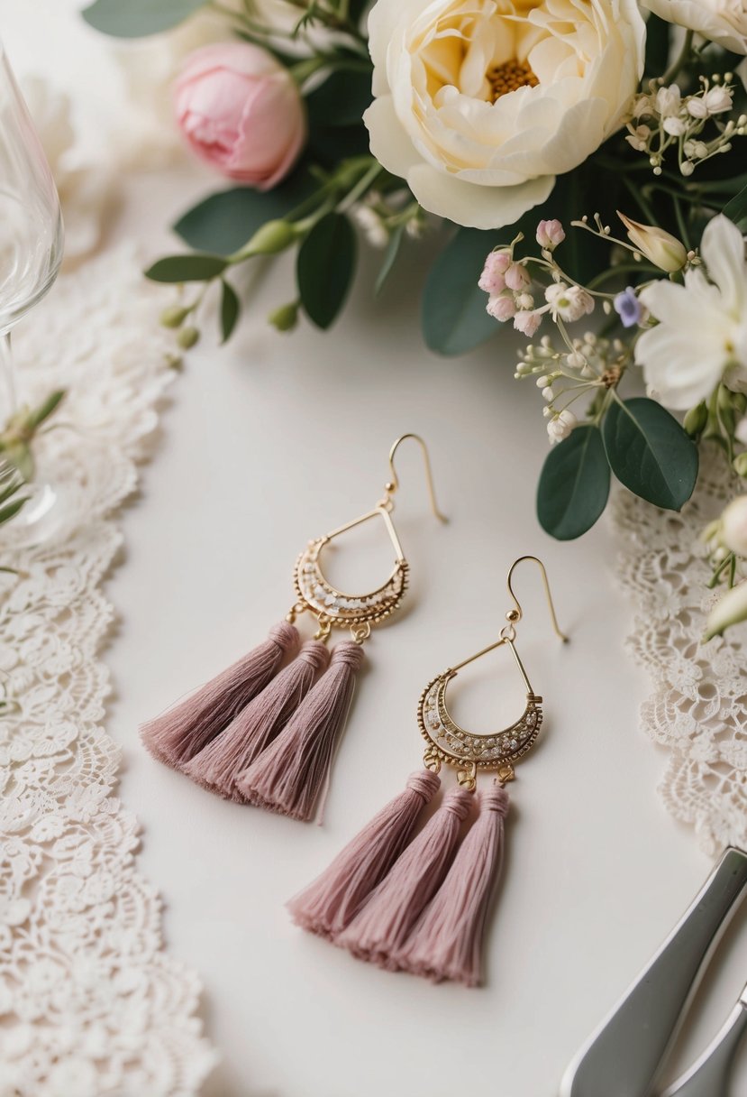 A table adorned with bohemian tassel dangle earrings, surrounded by delicate flowers and lace, evoking a romantic wedding ambiance