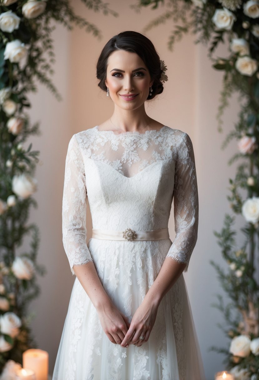 A short bride stands in a lace vintage wedding dress with three-quarter sleeves, surrounded by delicate floral accents and soft, romantic lighting