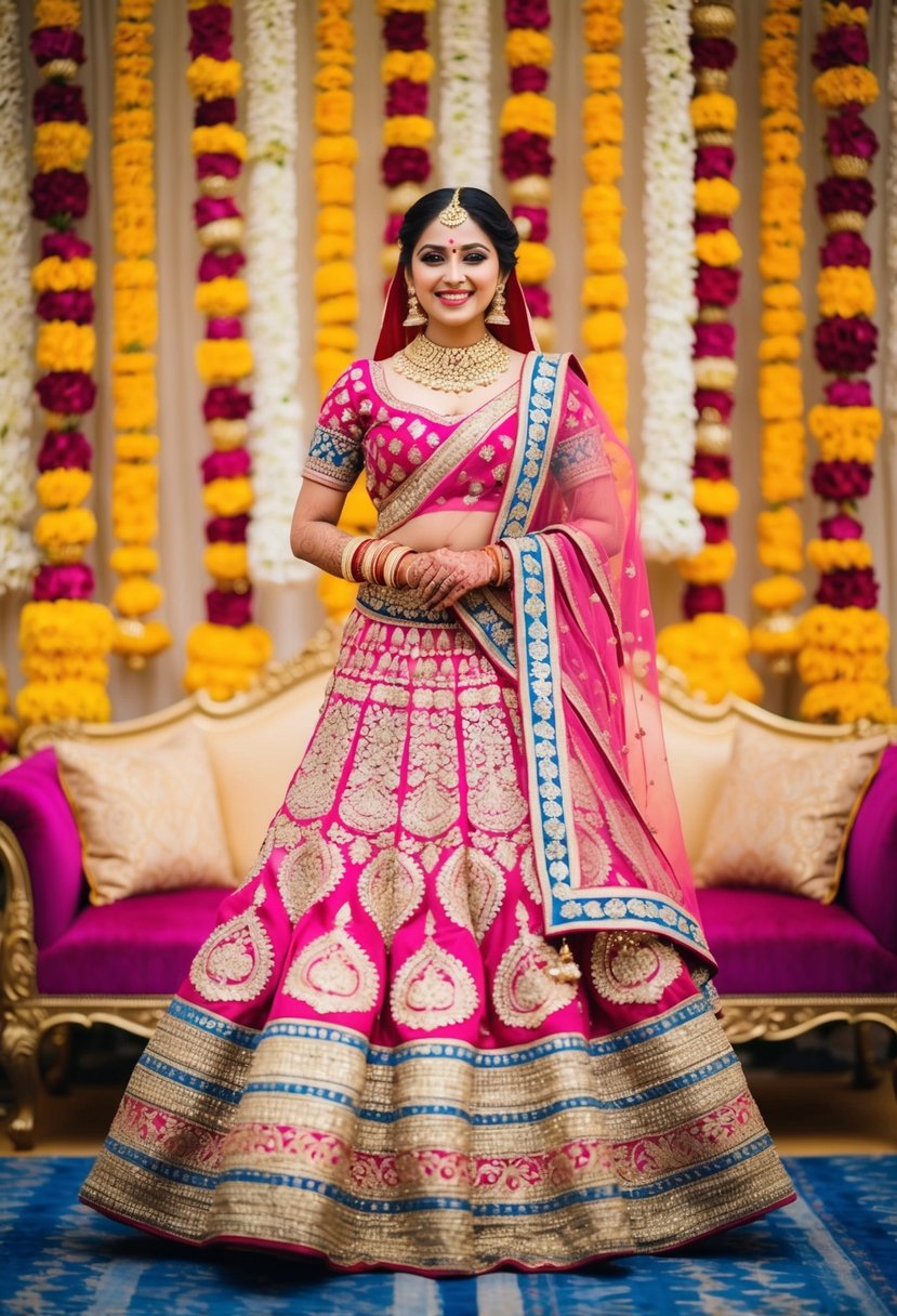 A vibrant lehenga adorned with intricate zari work, set against a backdrop of traditional Indian wedding decorations