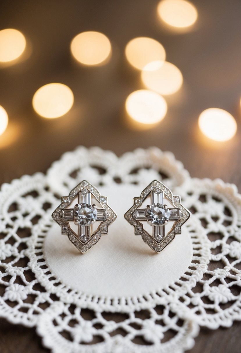 A pair of elegant Art Deco wedding earrings displayed on a vintage lace doily with soft, romantic lighting