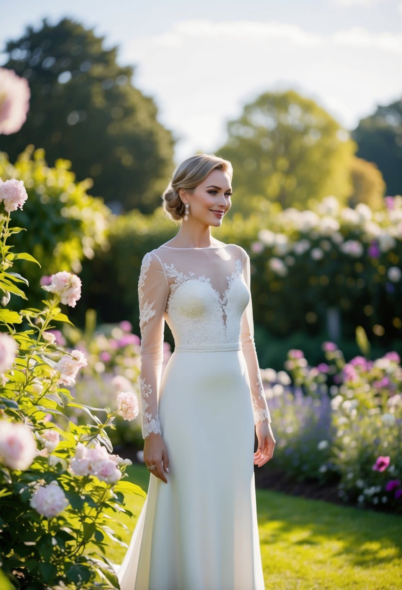 A short bride stands in a garden, wearing a sheer long sleeve wedding dress with delicate lace details, surrounded by blooming flowers and soft sunlight