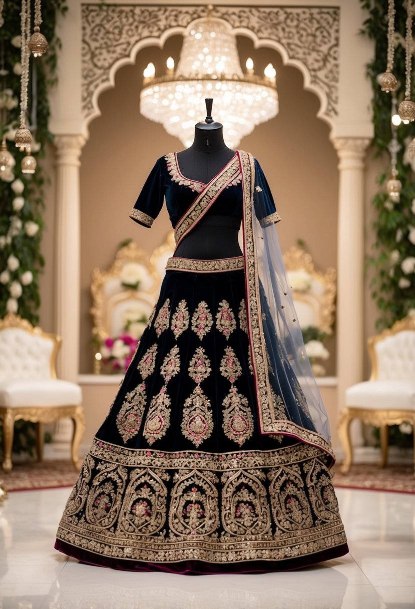 A grand velvet lehenga adorned with intricate embroidery, displayed in a lavish setting with ornate decor and soft lighting