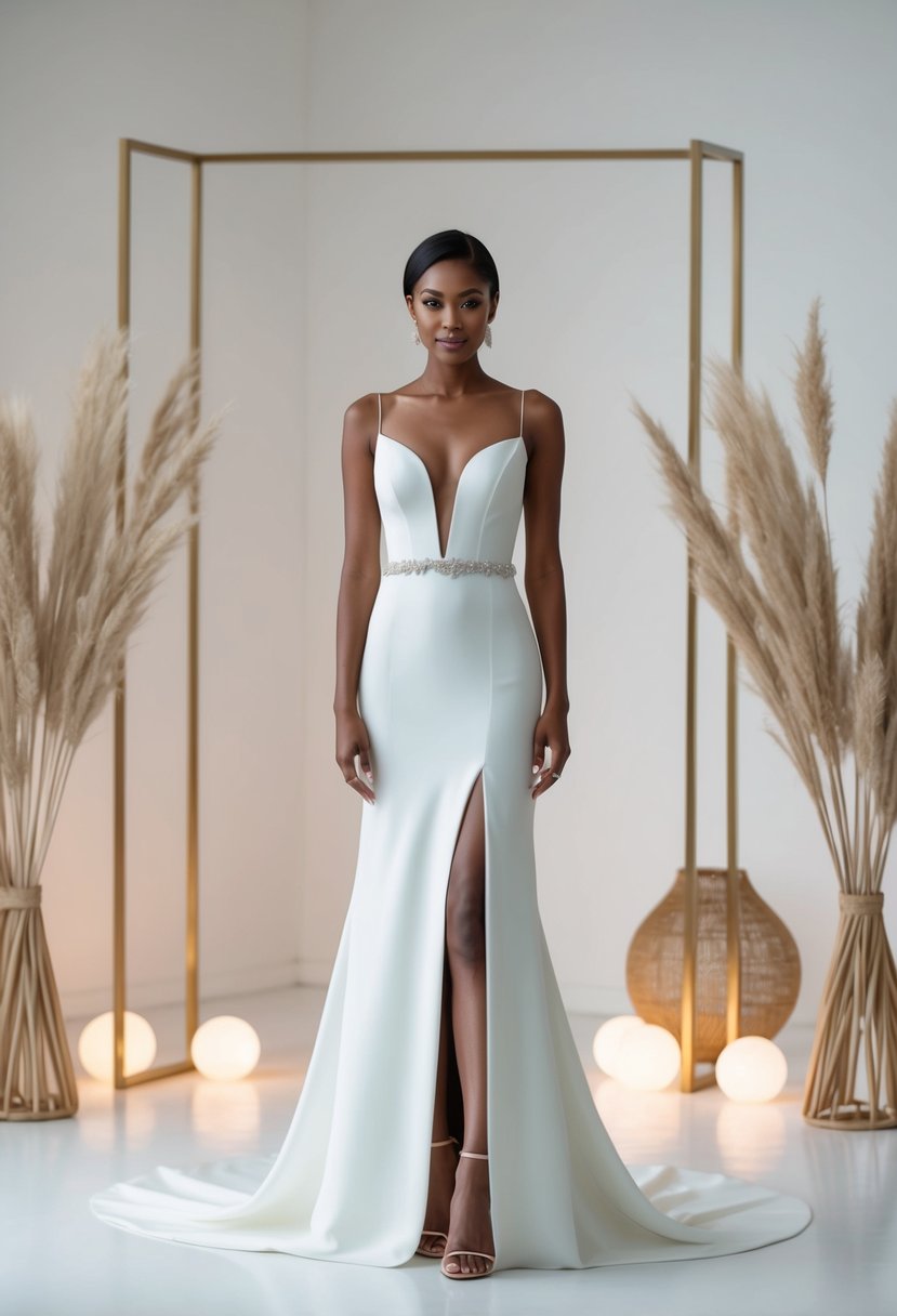 A short bride stands in a sleek, modern wedding dress with a high slit, surrounded by minimalist decor and soft lighting