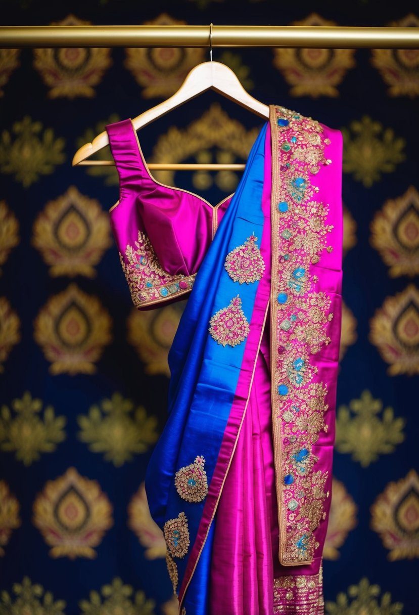 A vibrant silk saree draped over a golden hanger, adorned with intricate embroidery and shimmering embellishments, set against a backdrop of traditional Indian motifs