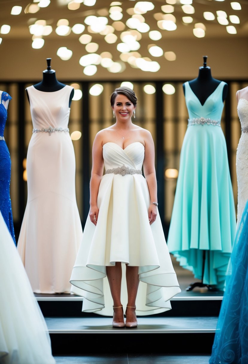 A short bride standing on a platform, wearing a flowing wedding dress with an elevated waistline, surrounded by various dress designs