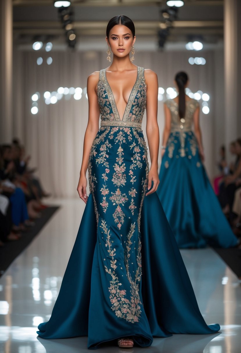 A sleek, floor-length gown with a mix of traditional and contemporary elements, featuring intricate embroidery and a flowing silhouette