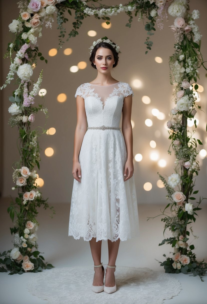 A short bride stands in a lace wedding dress, surrounded by delicate floral accents and vintage-inspired details