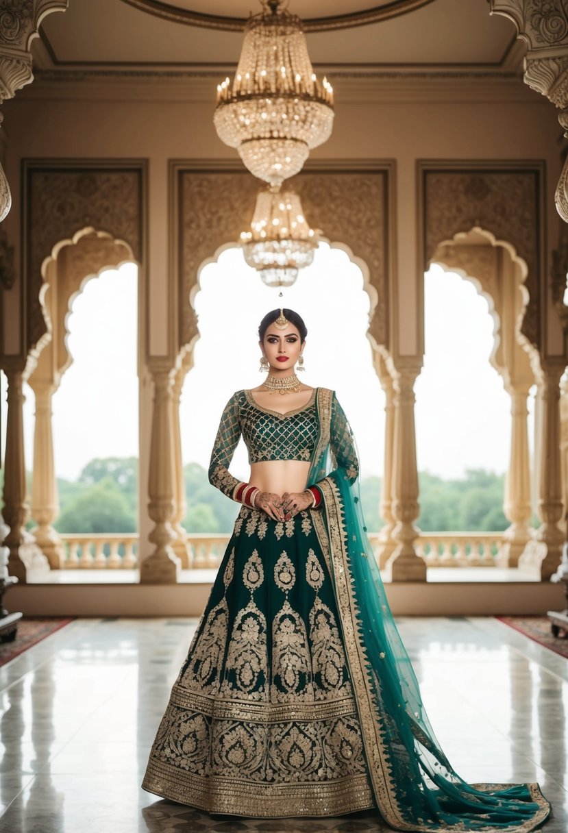 A grand palazzo set with intricate embroidery and luxurious fabrics, inspired by traditional Indian wedding attire