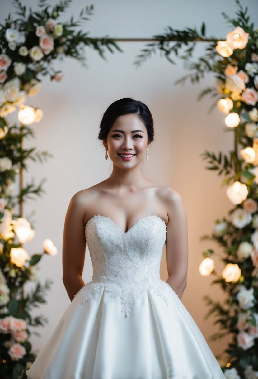 A short bride in a classic sweetheart style wedding dress, surrounded by delicate floral arrangements and romantic lighting