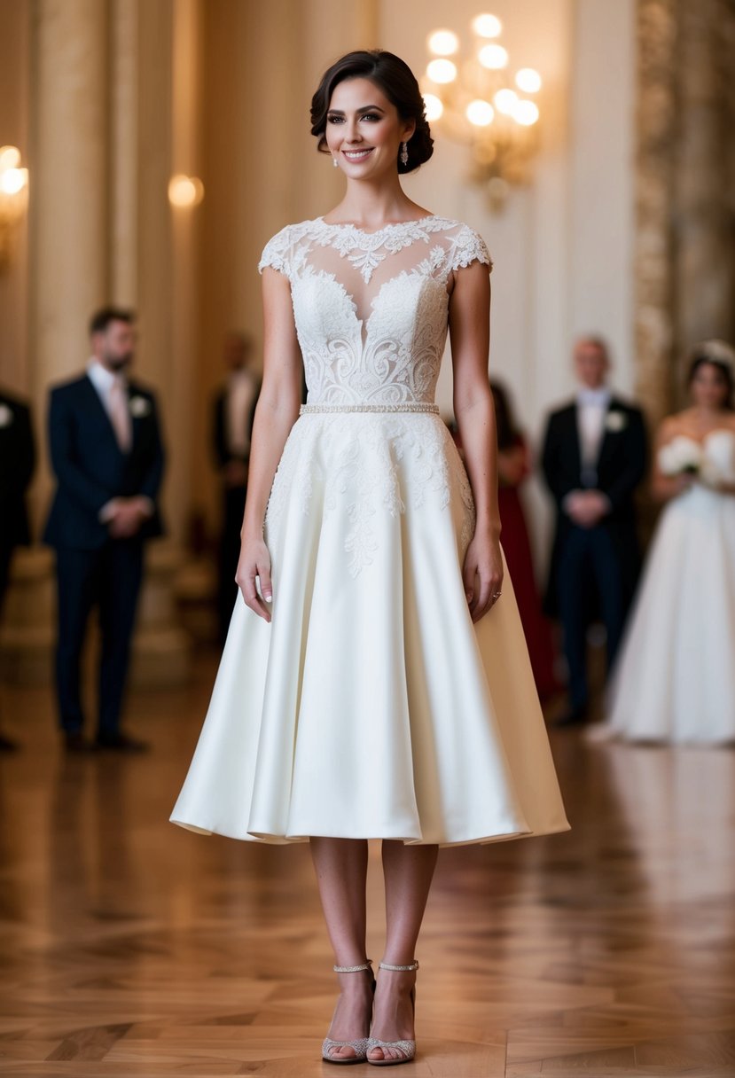 A short bride stands in a grand ballroom, wearing a midi length wedding dress with intricate lace details and a flowing skirt, exuding elegance and sophistication