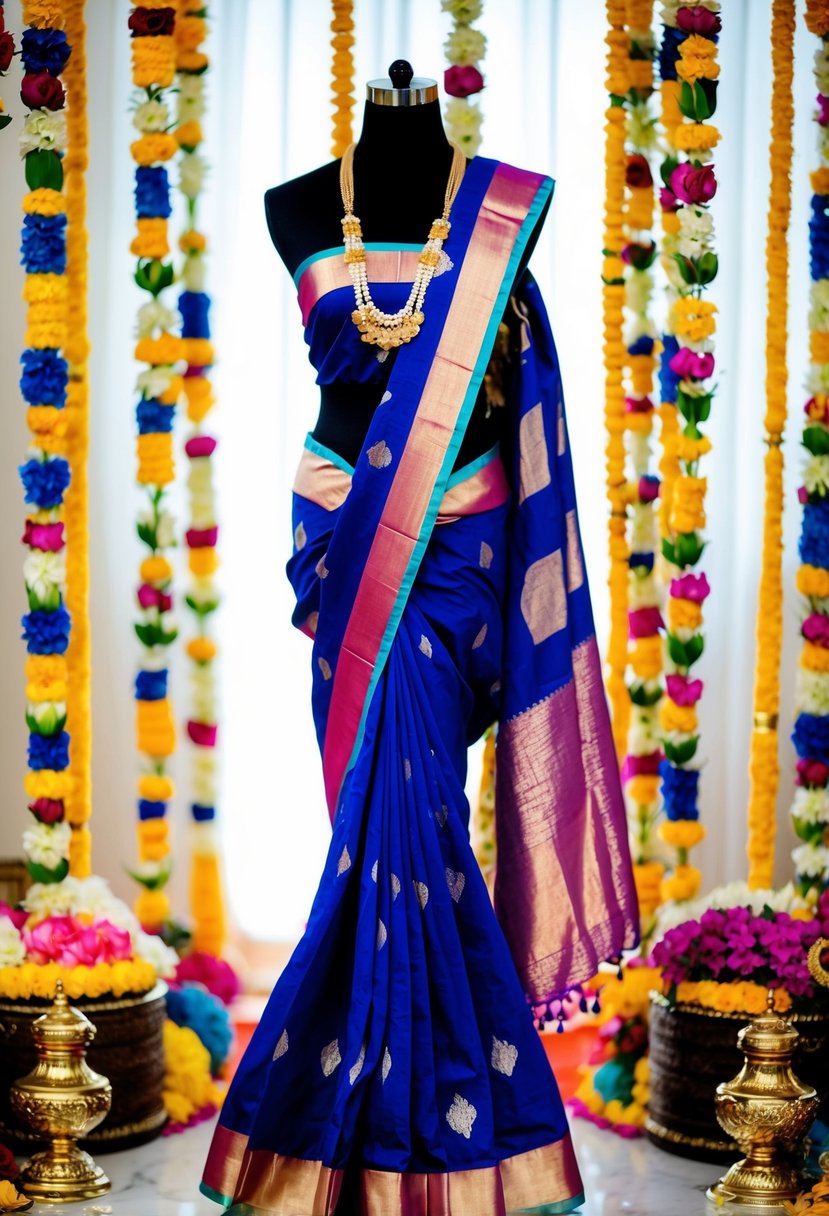 A vibrant Bandhani Saree draped over a golden mannequin, surrounded by colorful floral garlands and traditional Indian wedding accessories