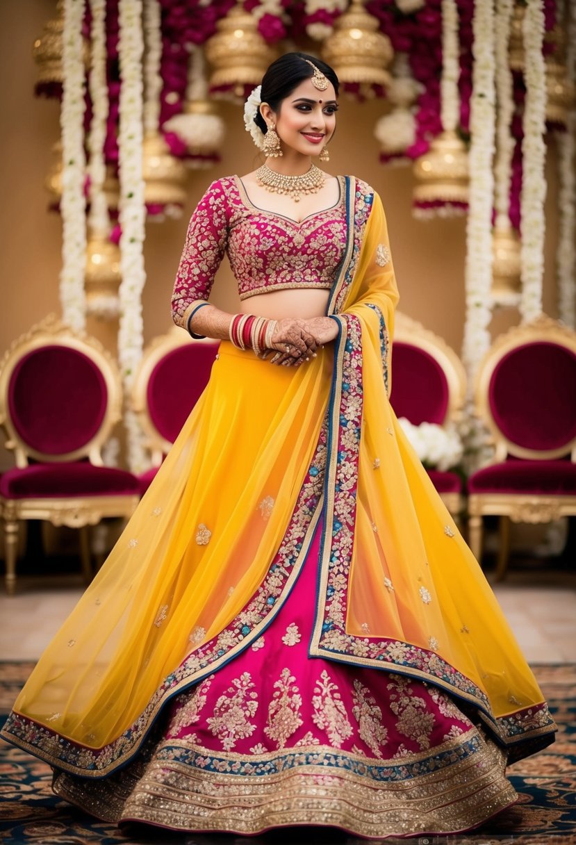 A flowing chiffon lehenga in vibrant colors, adorned with intricate embroidery and delicate beadwork, set against a backdrop of ornate Indian wedding decor