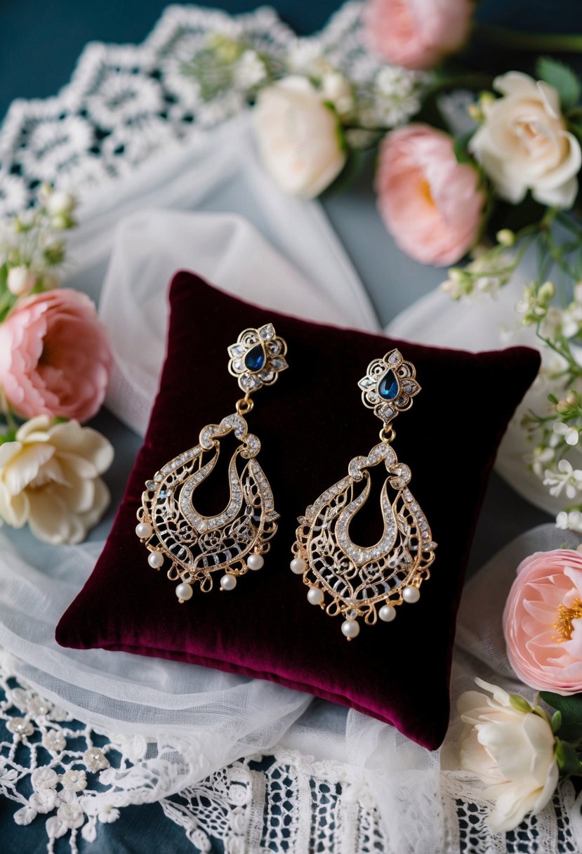 A beautiful pair of intricately designed hijab wedding earrings displayed on a velvet cushion, surrounded by delicate lace and floral accents