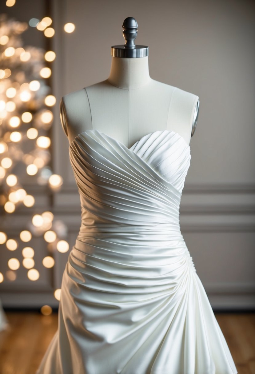 A short bride stands in a fitted wedding dress with ruched bodice detail, the fabric gathered and draped in elegant folds