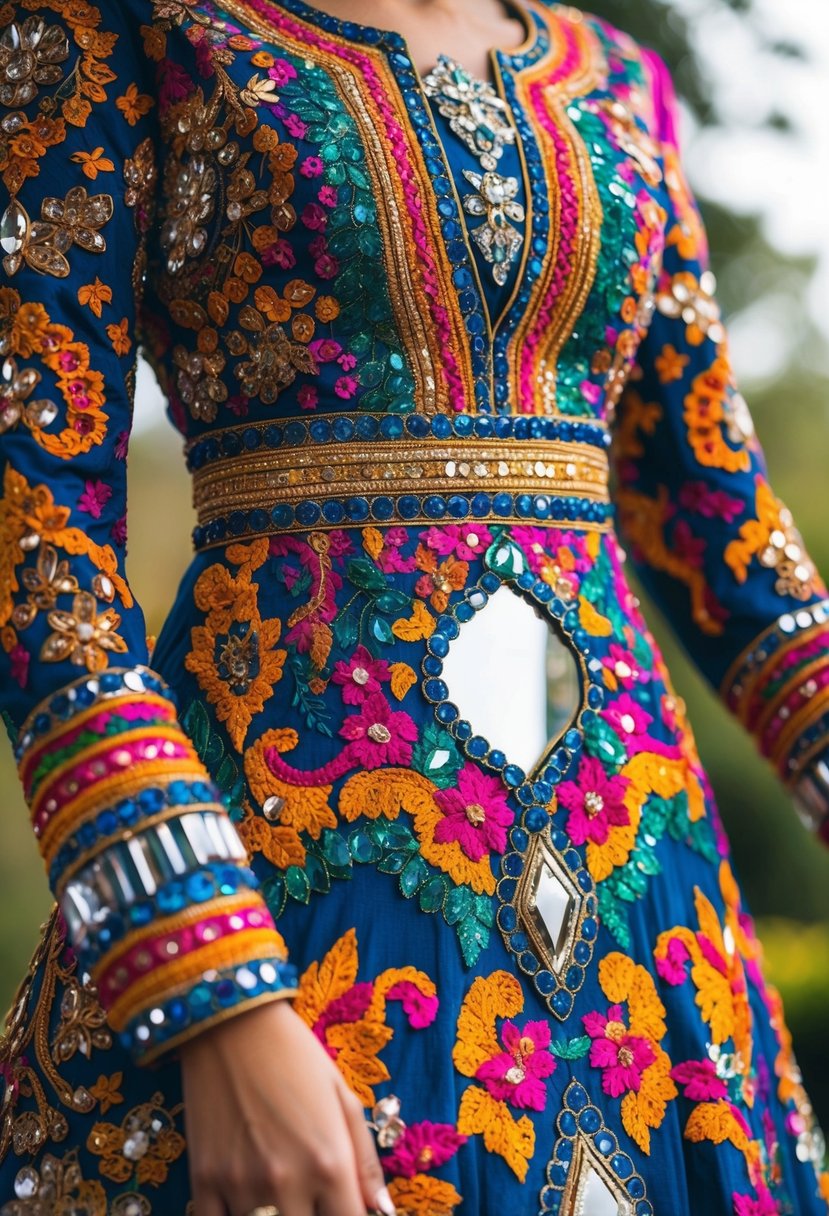 A vibrant, intricately embroidered wedding dress with dazzling mirror work, featuring bold colors and intricate patterns